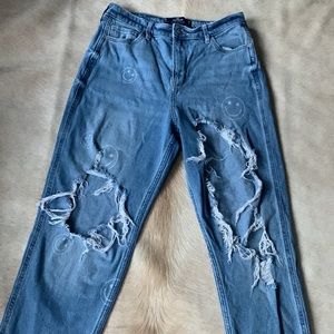 HOLLISTER Light Blue Happy Face DISTRESSED High Rise MOM Jean
